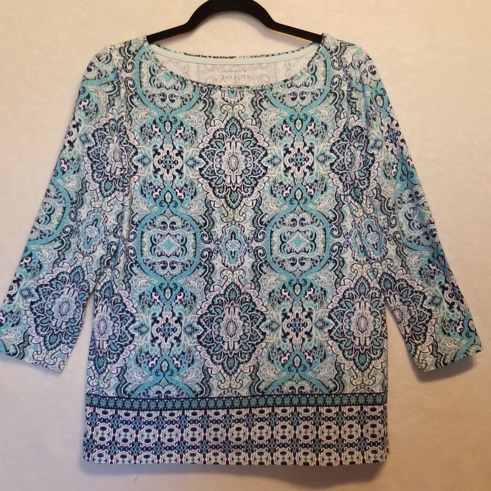 Talbots M Top Blue Floral Paisley The Talbots Tee Cotton Stretch Classic Basic